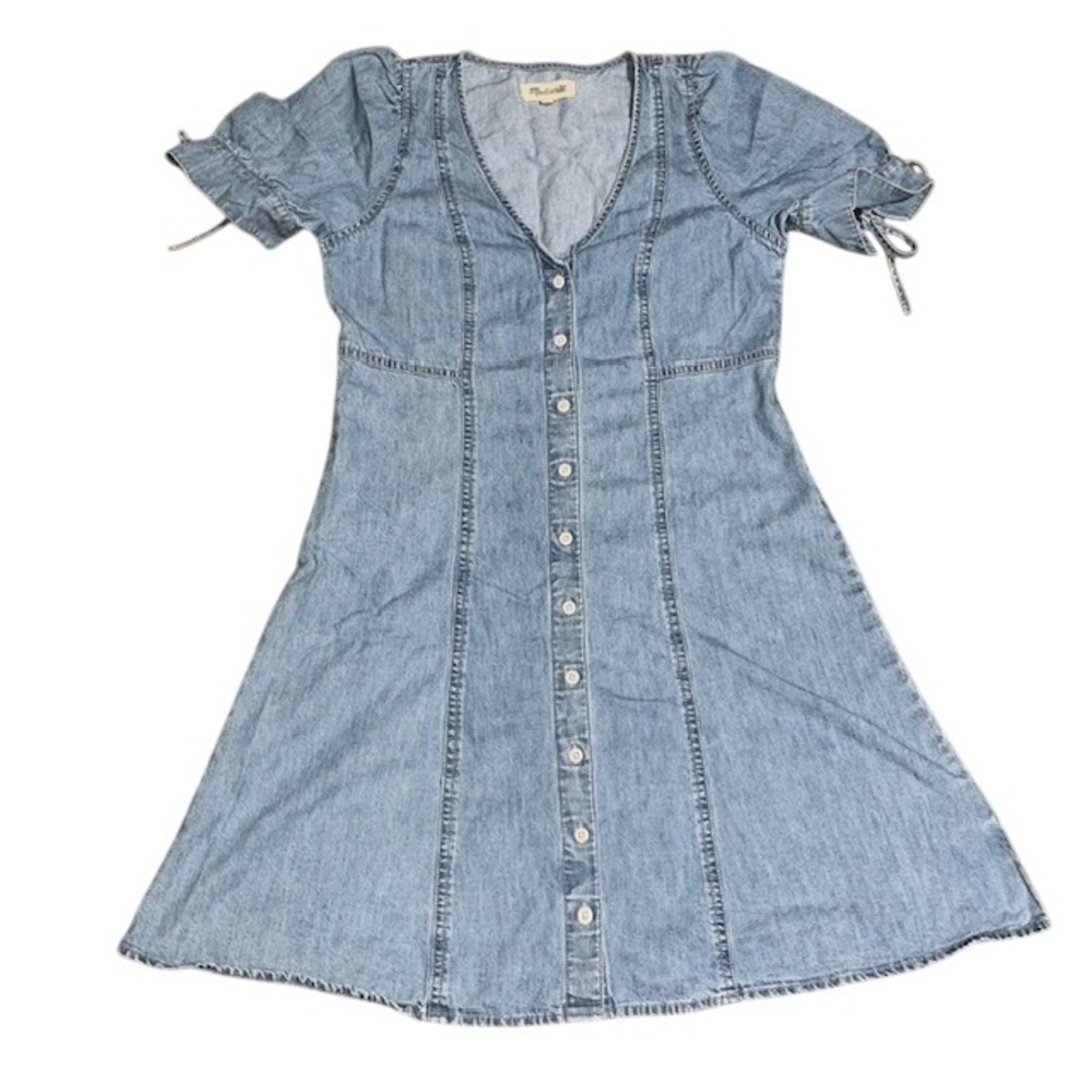 Madewell Tencel Denim Button-Front Tie-Sleeve Mini Dress Brannon Blue 2 - Picture 3 of 10
